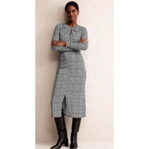 Boden Empire Knot Midi Jersey Dress Stretch Black Lily Sprig Long Sleeve 4R NWT